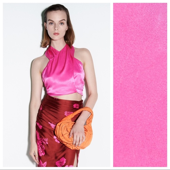 Zara Tops - NWT. Zara Pink Satin Effect Halter Crop Top. Size M.